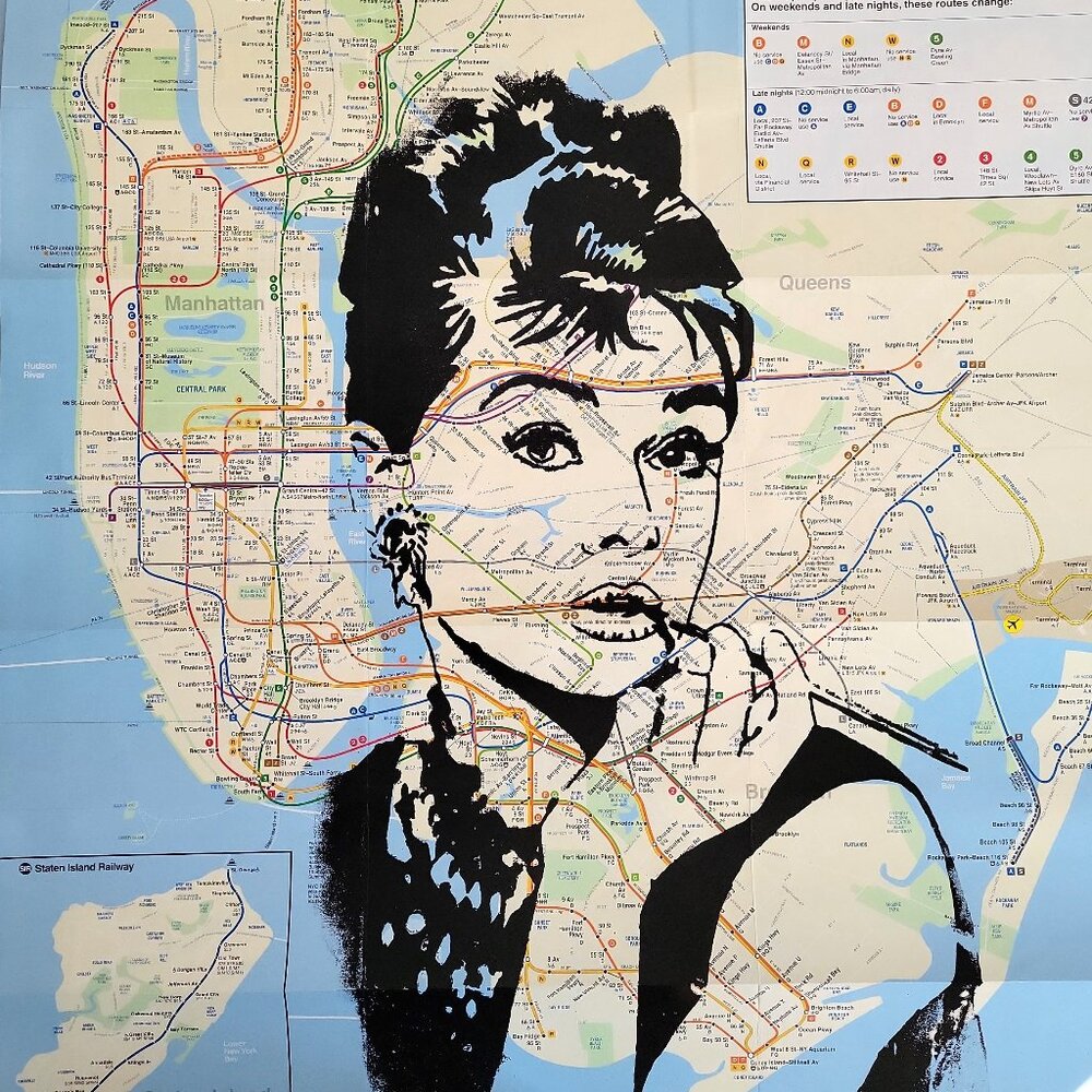 💋Audrey Hepburn Handpainted Unique Acrylic paint Art on NYC Subway Map - Picture 3 of 5